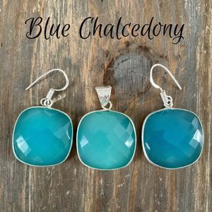 Blue Chalcedony Silver Pendant Earrings Set